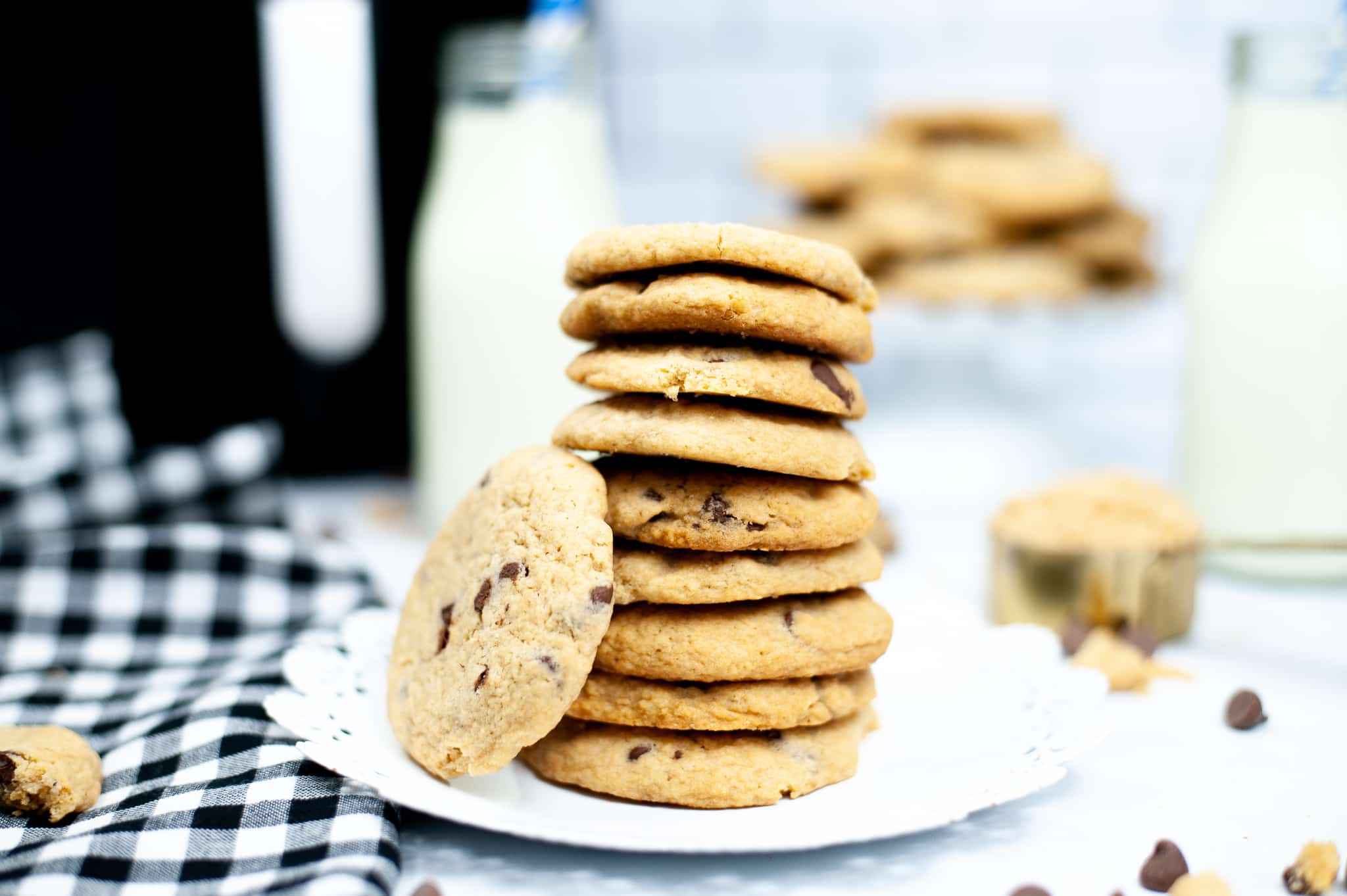 Stack of homemade chocolate chip cookies.