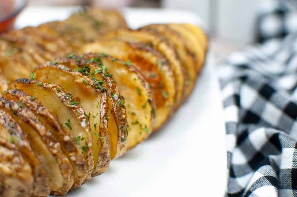 Closeup of baked spiralized cut potatoes.