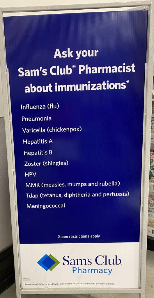Immunization sign at Sam's Club.