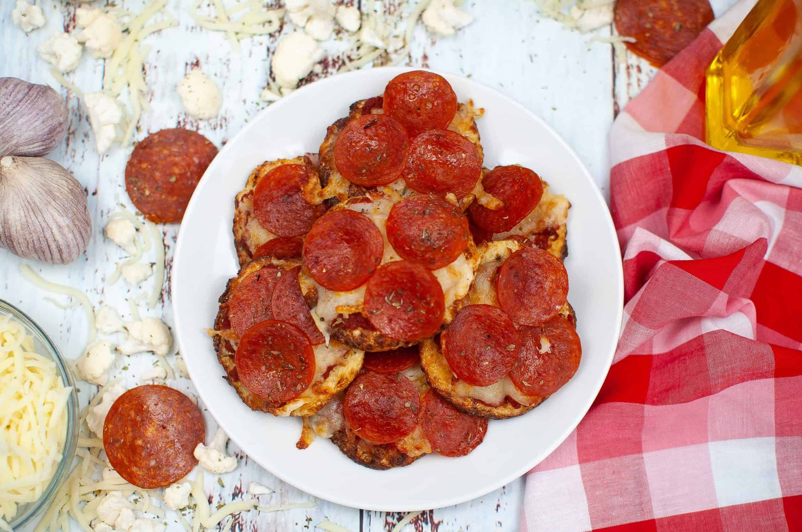 Overhead view of cauliflower pizza bites.
