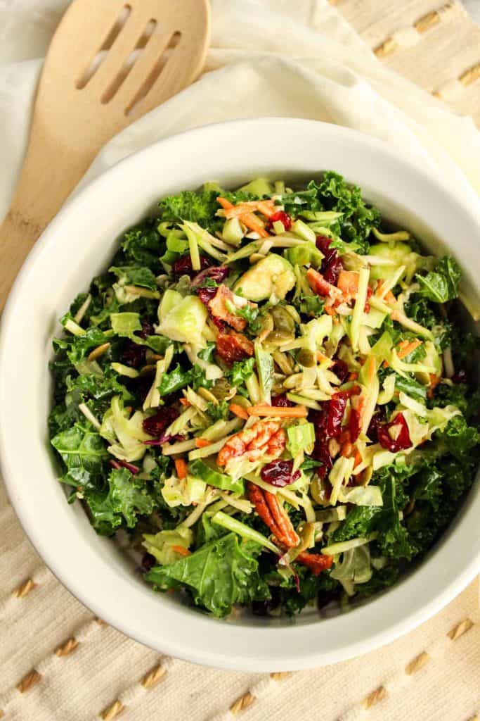 Overhead view of kale Brussels sprouts salad.