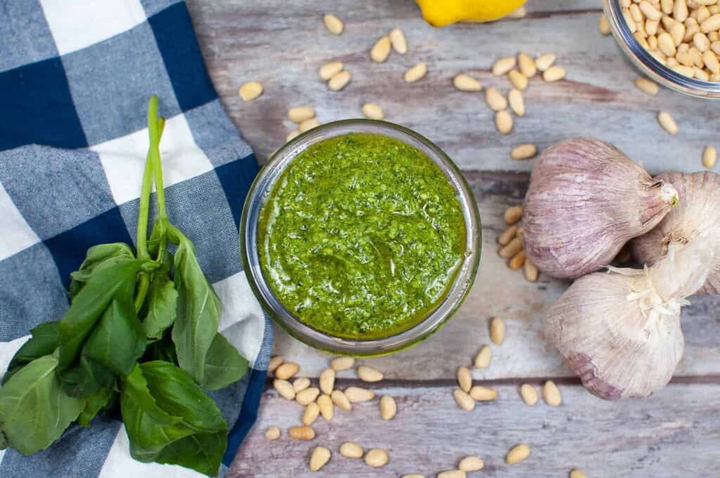 Overhead view of basil pesto