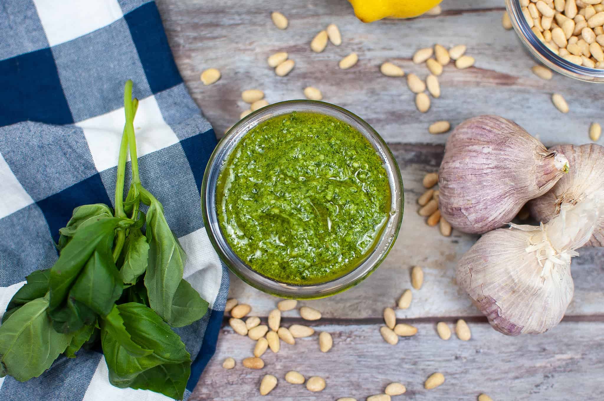 Overhead view of basil pesto