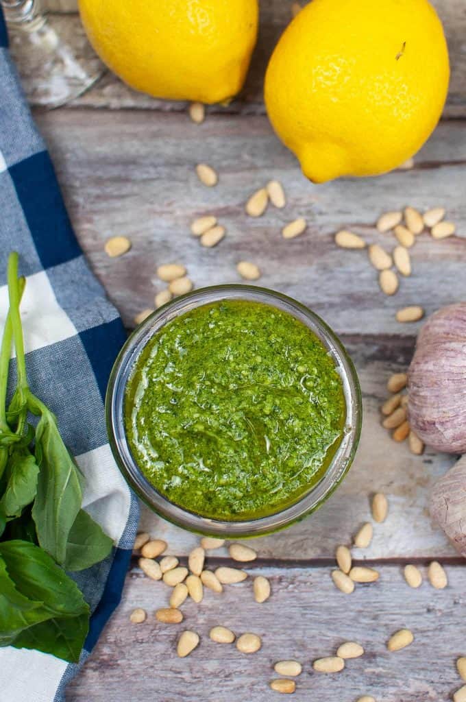 Overhead view of fresh basil pesto.