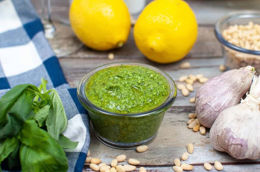 Fresh homemade basil and lemon pesto.