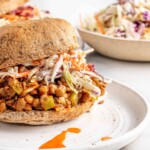 Head on view of vegan Buffalo Sloppy Joe sandwich.