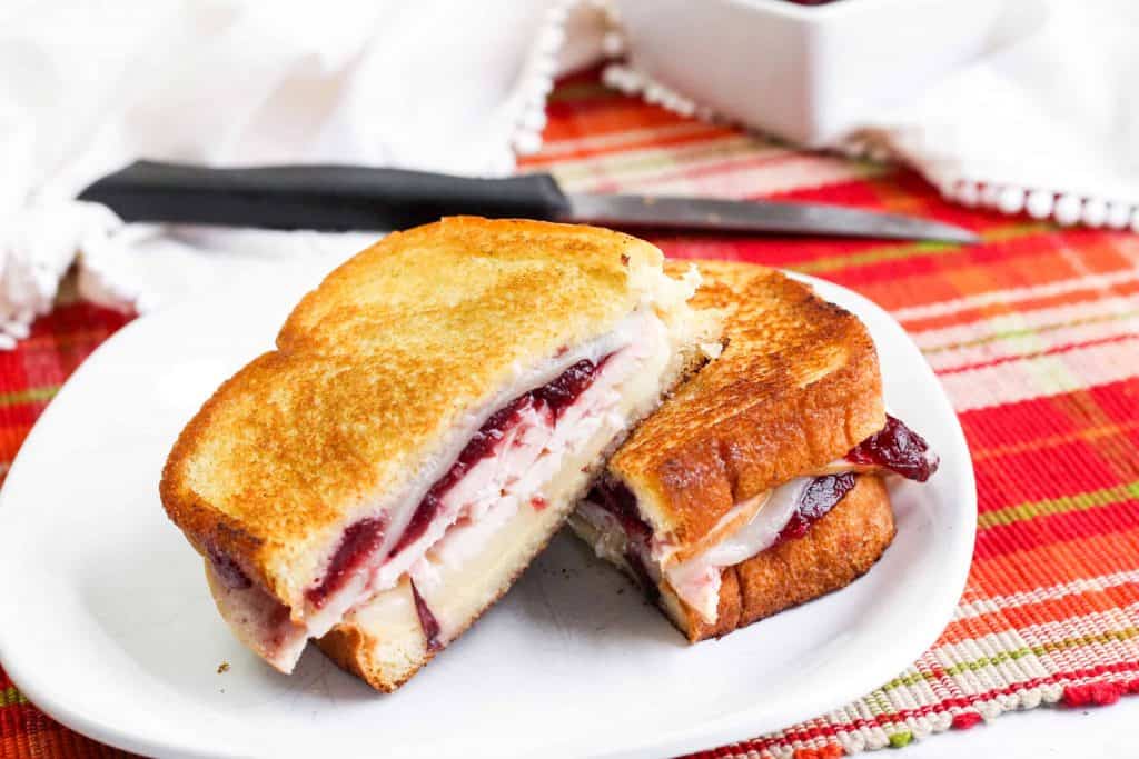 Toasted turkey sandwich with cheese and cranberry.