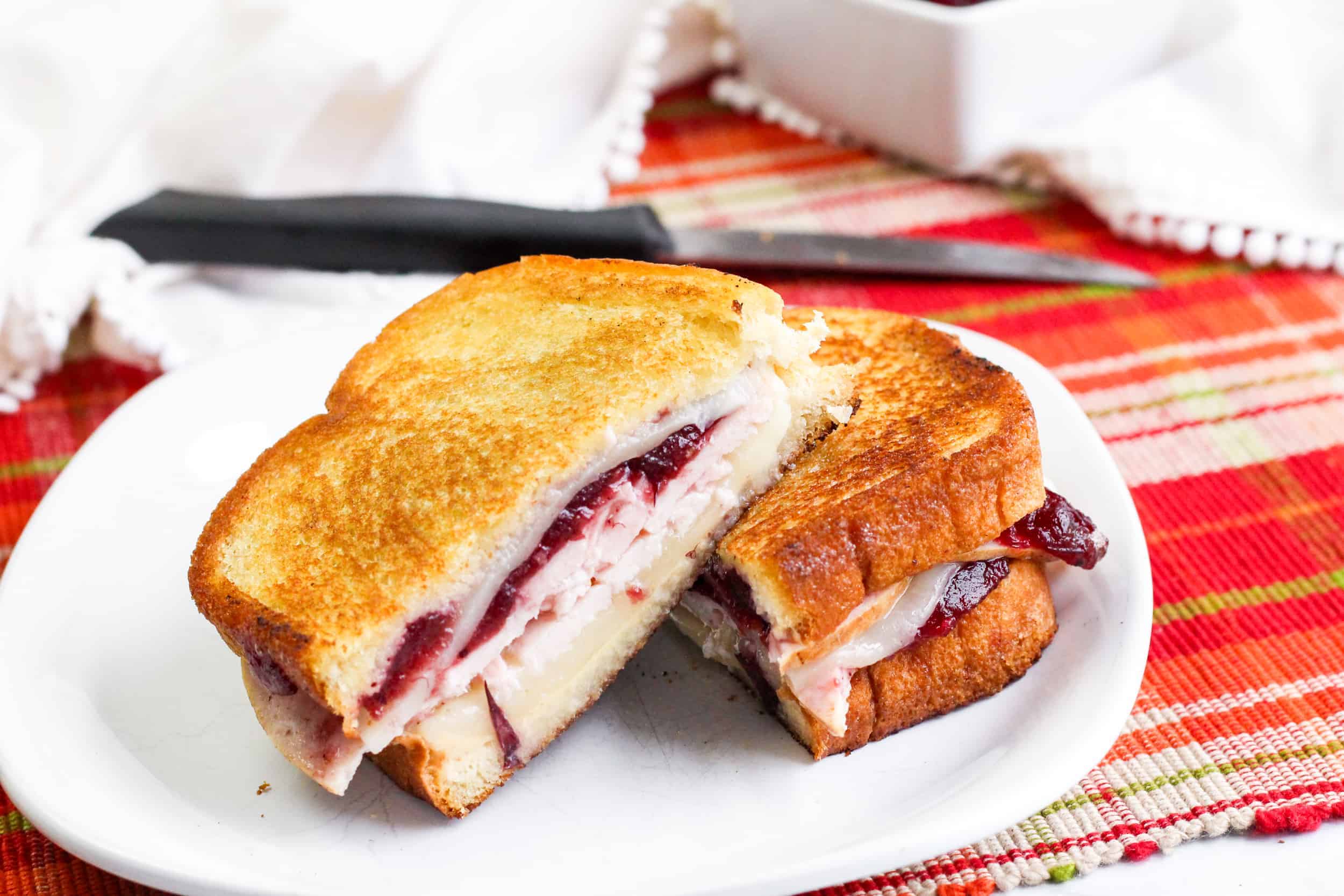 Toasted turkey sandwich with cheese and cranberry.