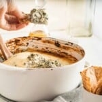 Chip dipped into artichoke spinach dip.