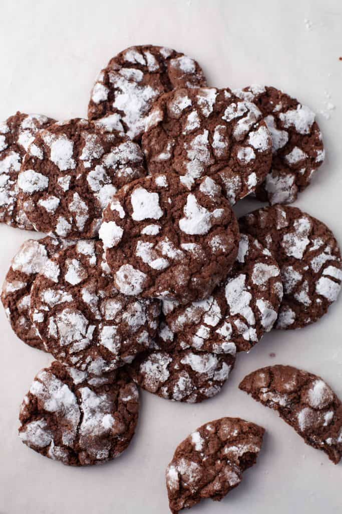 Chocolate crinkle cookies out of the oven.