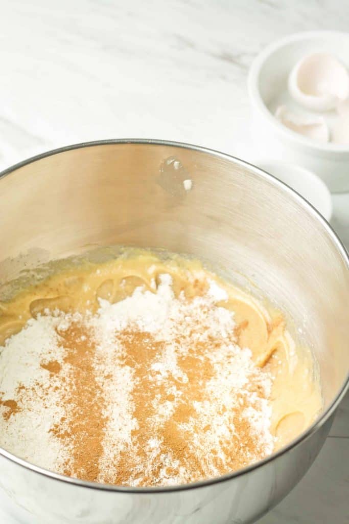 Cinnamon peanut butter cookie dough in a stainless steel bowl.