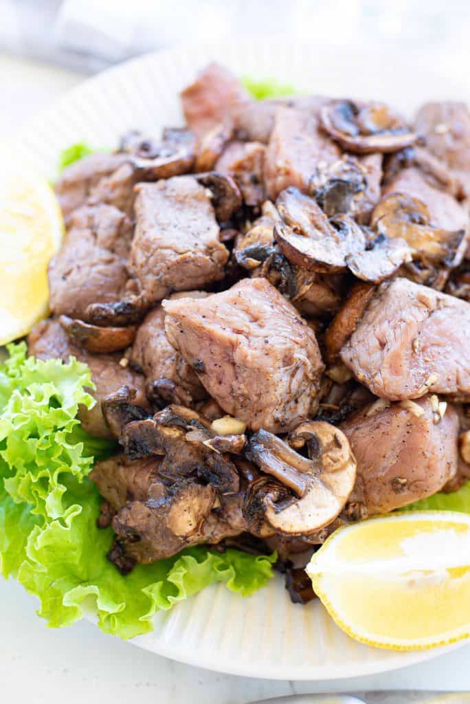 Closeup of Air Fryer Steak Bites with Mushrooms.