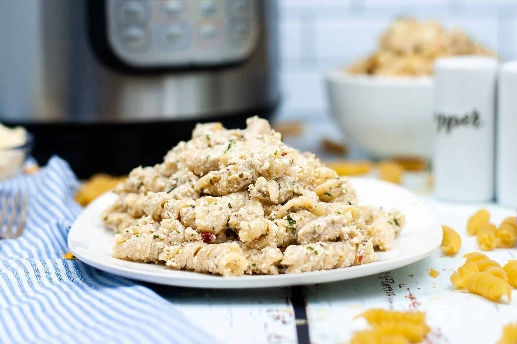 Garlic Parmesan Chicken Pasta on a white plate.