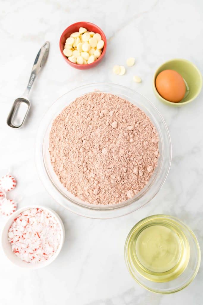 Ingredients for peppermint brownie bites.