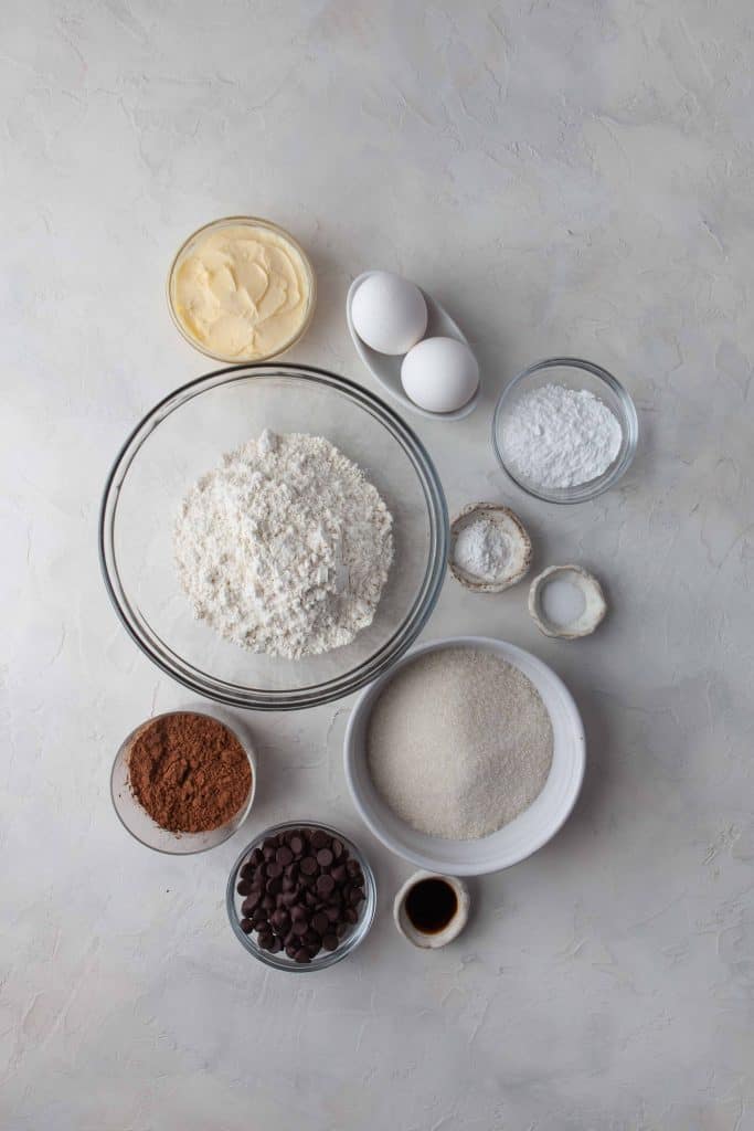 Overhead view of ingredients for chocolate cookies.