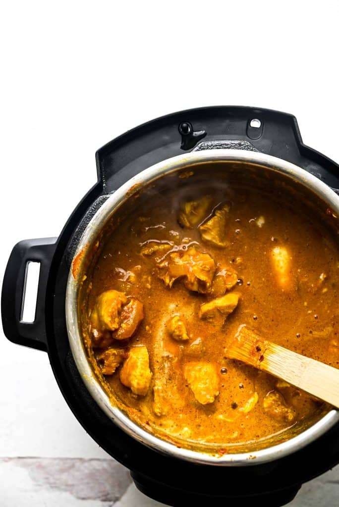 Butter chicken with sauce in the Instant Pot.