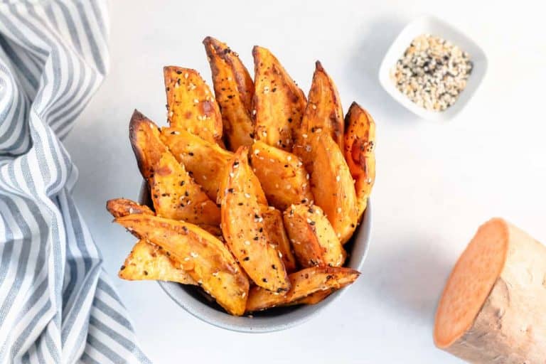 Overhead view of sweet potato wedges.