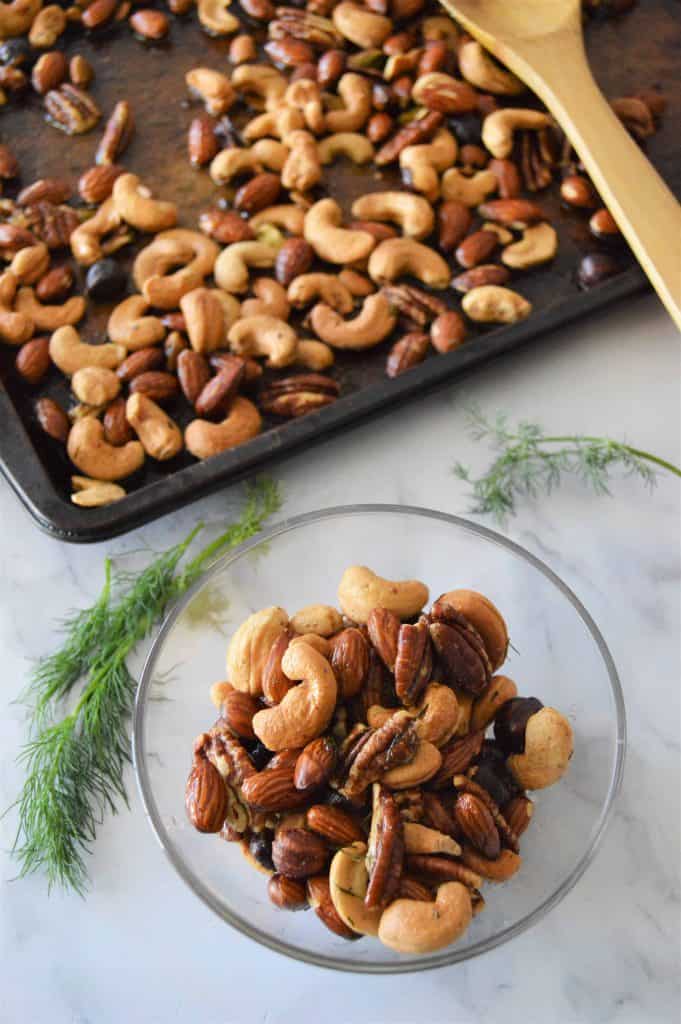 Overhead photo of dill nuts on a baking sheet.