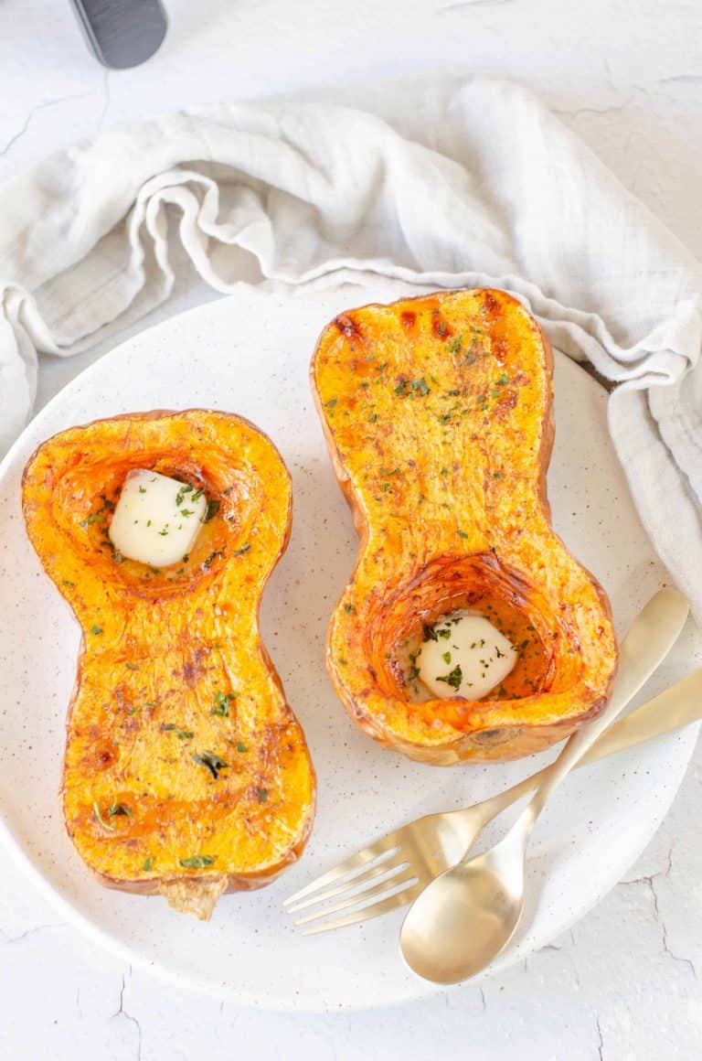 Overhead view of butternut squash on a plate.