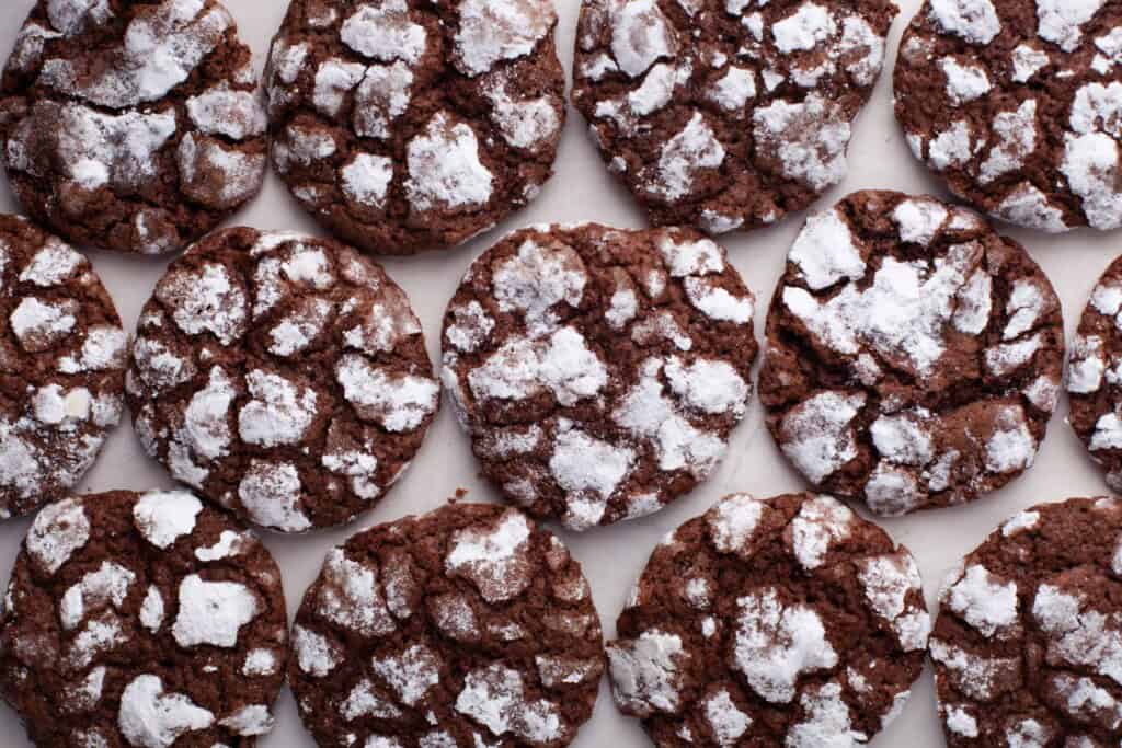 Overhead view of chocolate crinkle cookies