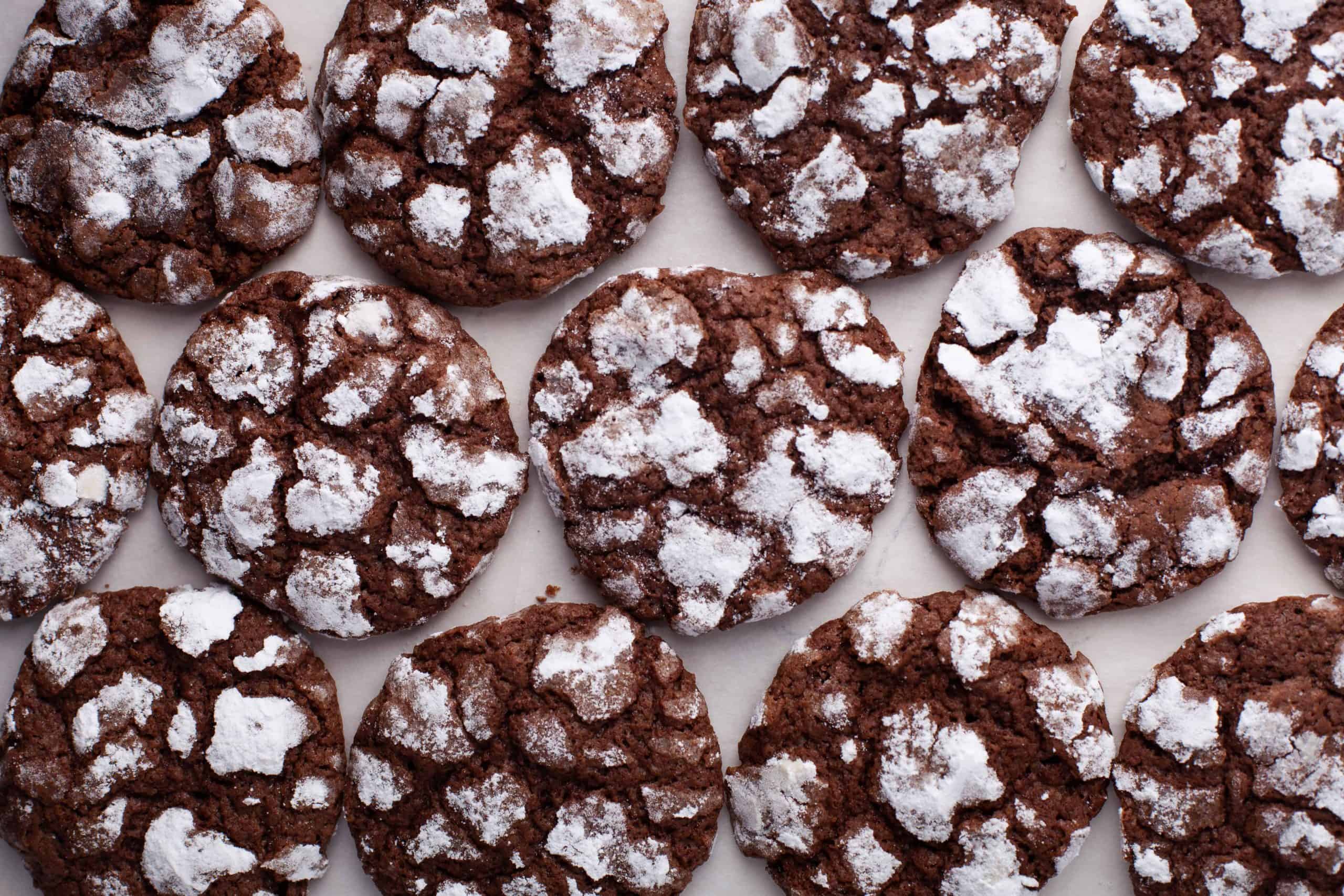 Overhead view of chocolate crinkle cookies