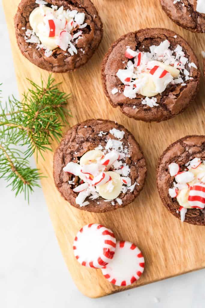 Overhead view of peppermint brownie bites.