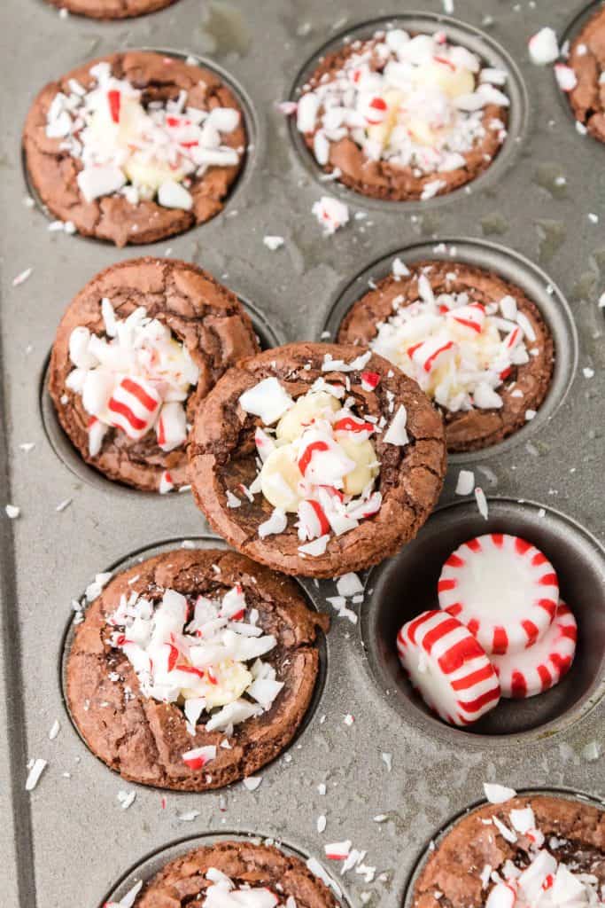 Peppermint brownies in a mini muffin pan.