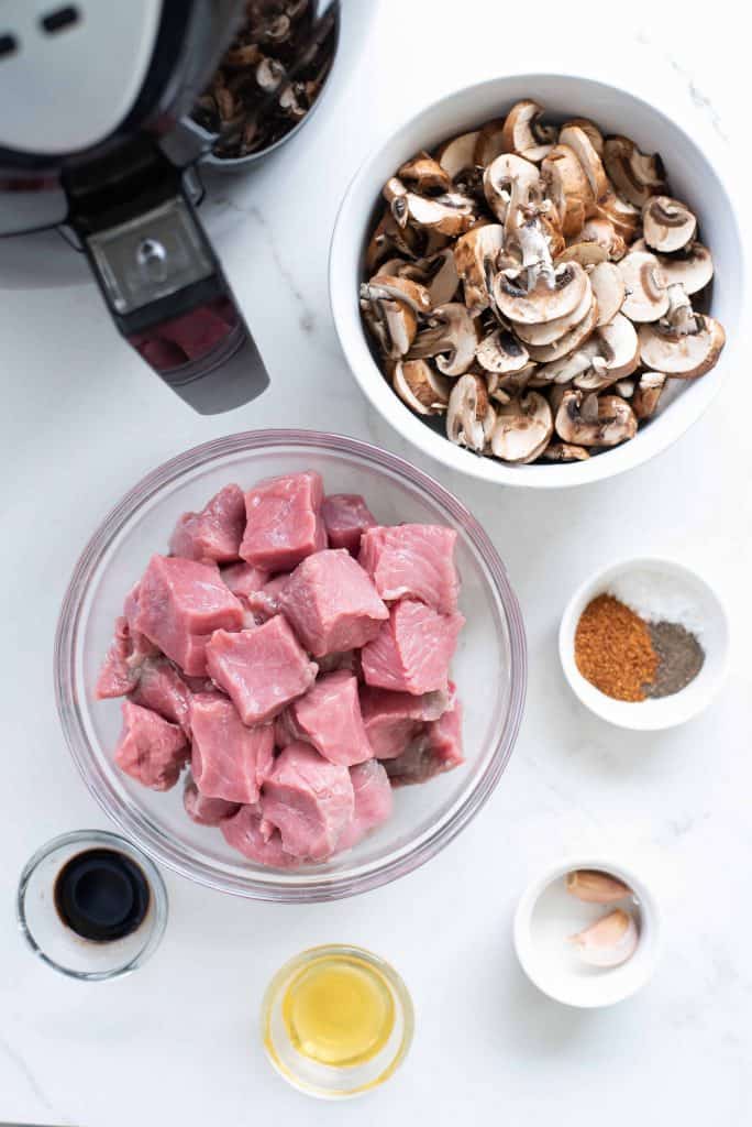 Overhead view of steak bites ingredients