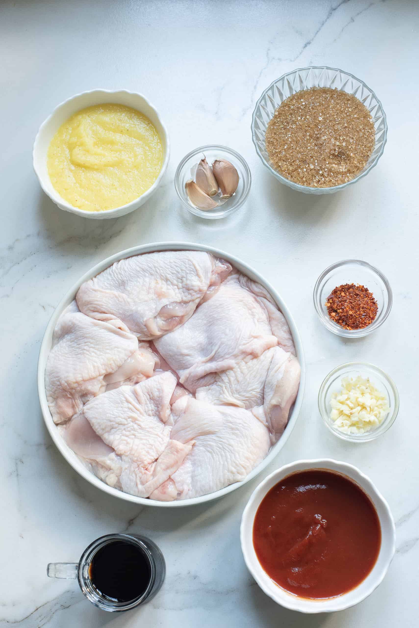 Ovehead view of ingredients for Air Fryer Hawaiian Chicken.