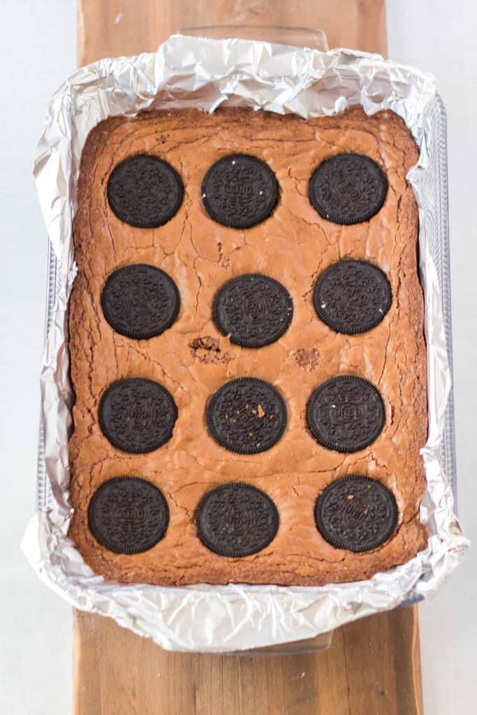 Baked brownie with mint Oreos.