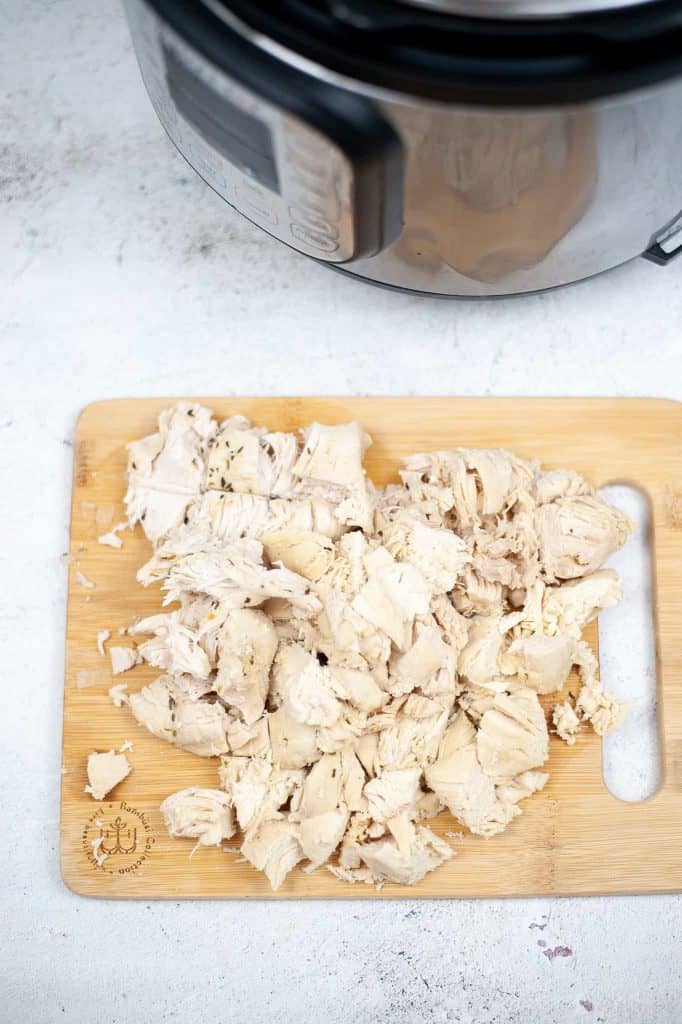 Chicken cut up into bite-sized pieces.