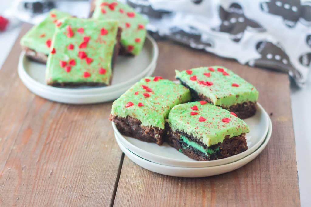 Grinch Brownies on a white plate.