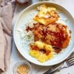 Overhead view of Hawaiian Chicken with rice and pineapple slices.