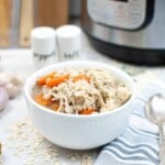 Instant Pot Chicken Barley Soup in a white bowl.