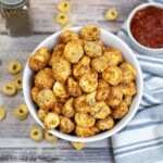 Overhead view of bowl of fried cheese tortellini.