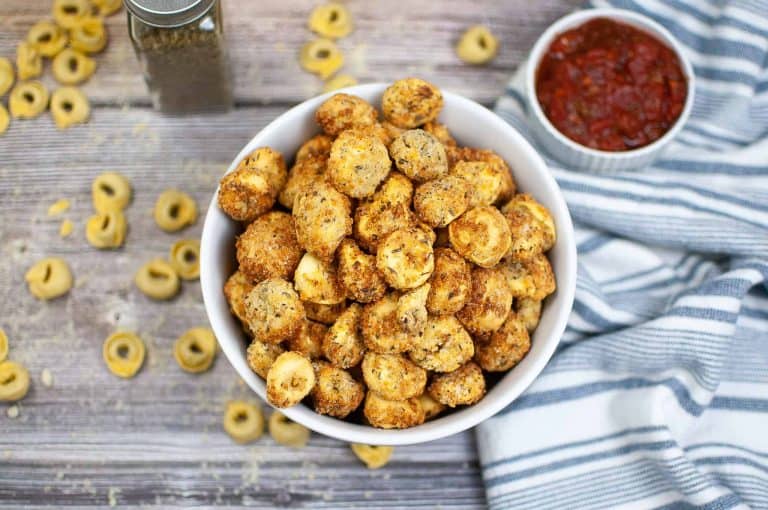 Overhead view of bowl of fried cheese tortellini.