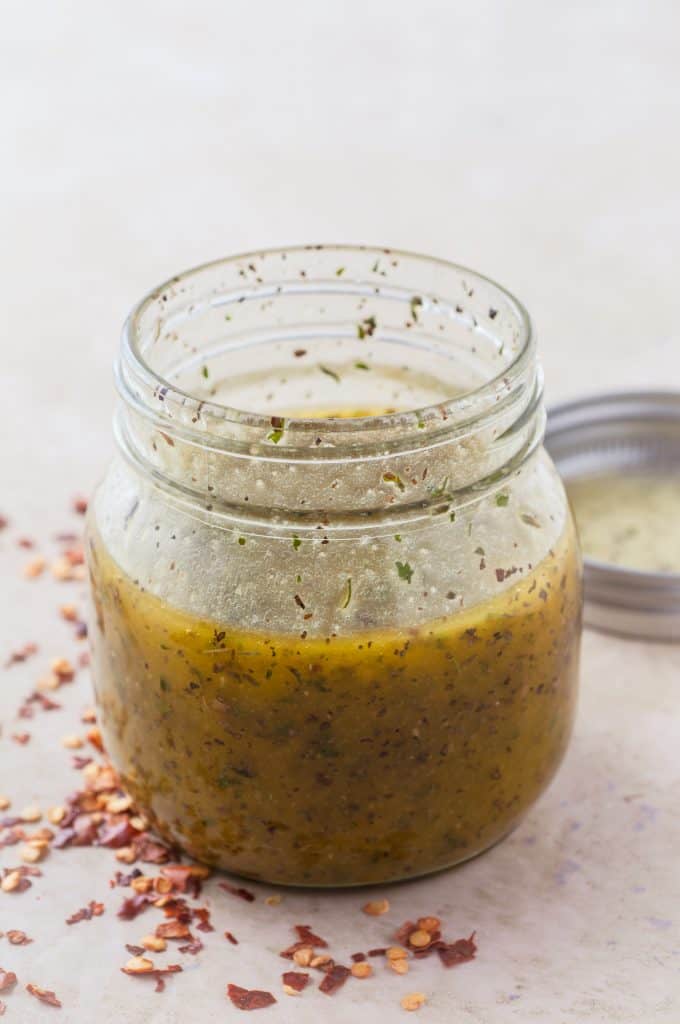 Italian Salad Dressing in a Mason jar.
