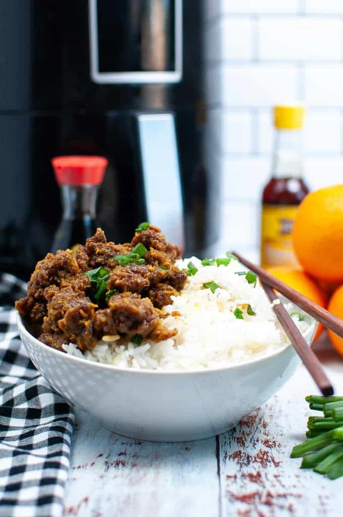 Air Fryer Orange Beef with white rice.