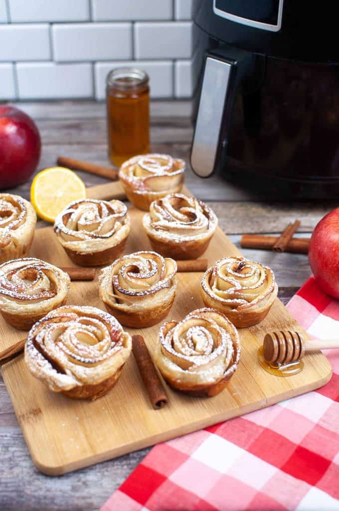 Air fryer roses on a cutting board.