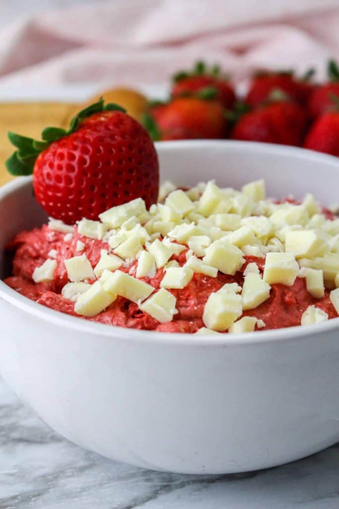Closeup of red velvet cake dip.