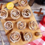 Overhead view of air fryer apple roses.