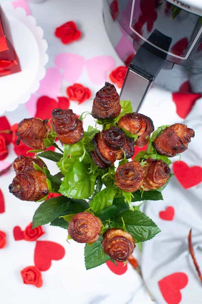 Overhead view of candied bacon bouquet.
