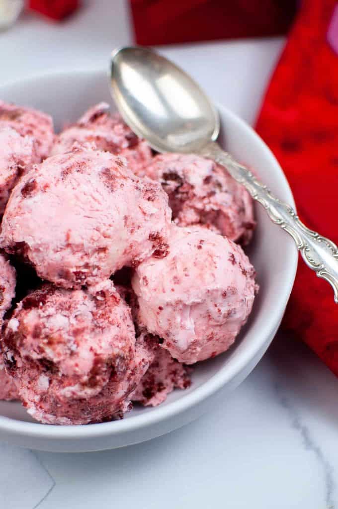 Overhead view of red velvet ice cream.
