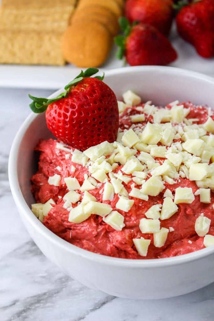 Red Velvet Cake Dip with chopped white chocolate