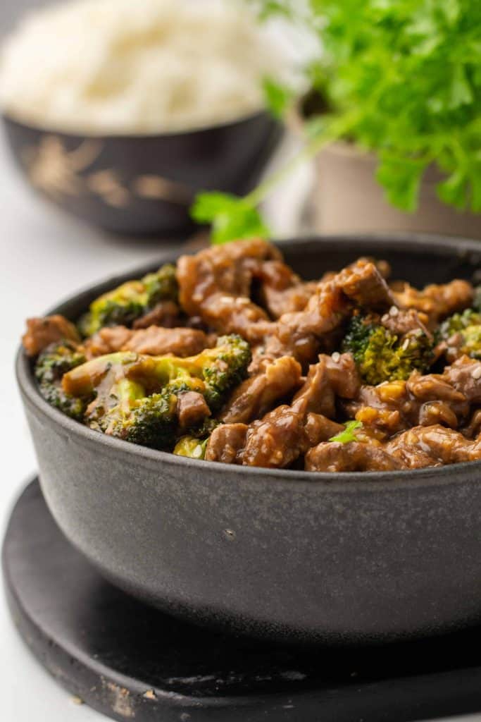 Angela view of bowl of beef and broccoli.