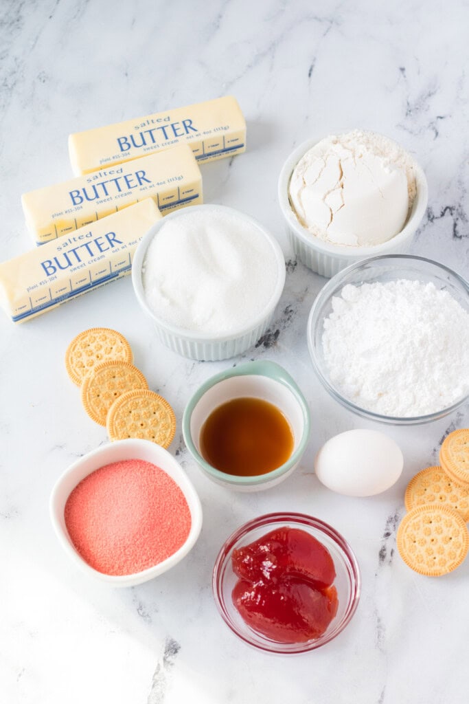 Overhead view of strawberry crunch cookies ingredients.