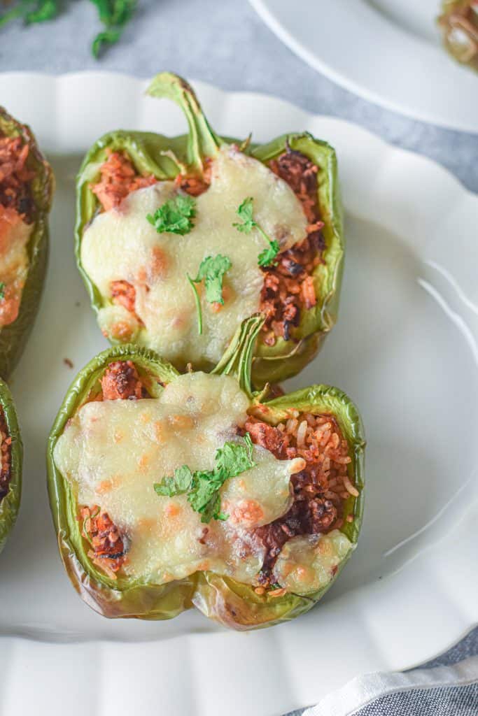 Closeup of air fryer stuffed bell peppers.