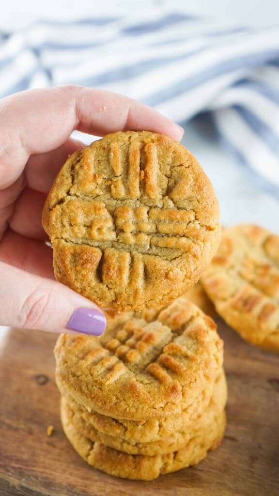 Holding an air fryer peanut butter cookie.