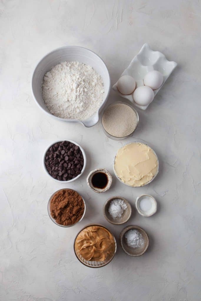 Ingredients for peanut butter chocolate chip cookies
