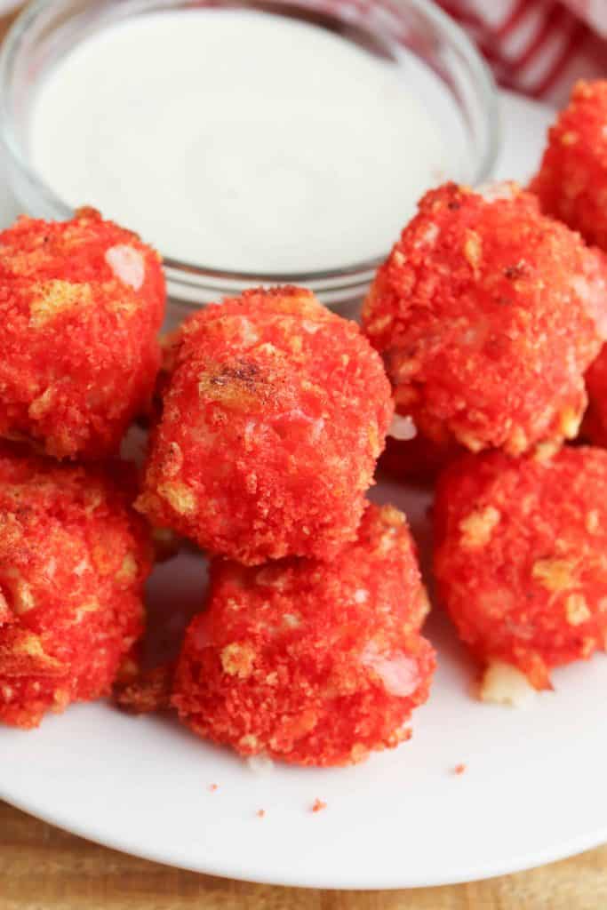 Overhead view of Flamin' Hot Cheetos Bites with dip.